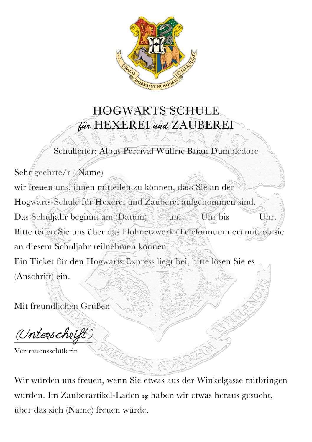 Harry Potter Brief Vorlage