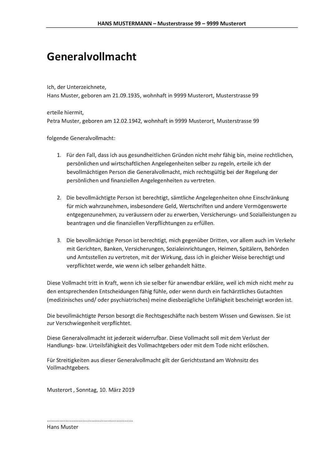 Vorlage Vollmacht Versicherung